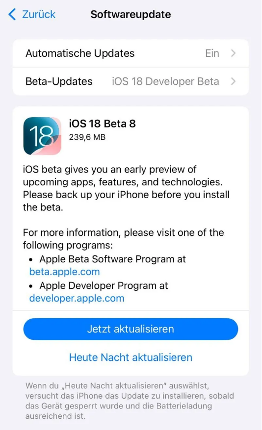 孝南苹果手机维修分享苹果 iOS / iPadOS 18 开发者预览版 Beta 8 发布 